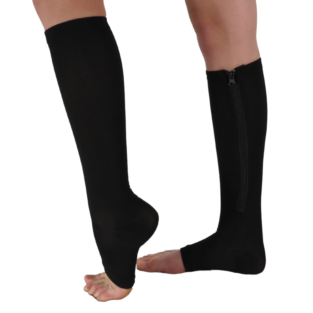 EZ-Zip zipper compression sock shown in black with inside zipper