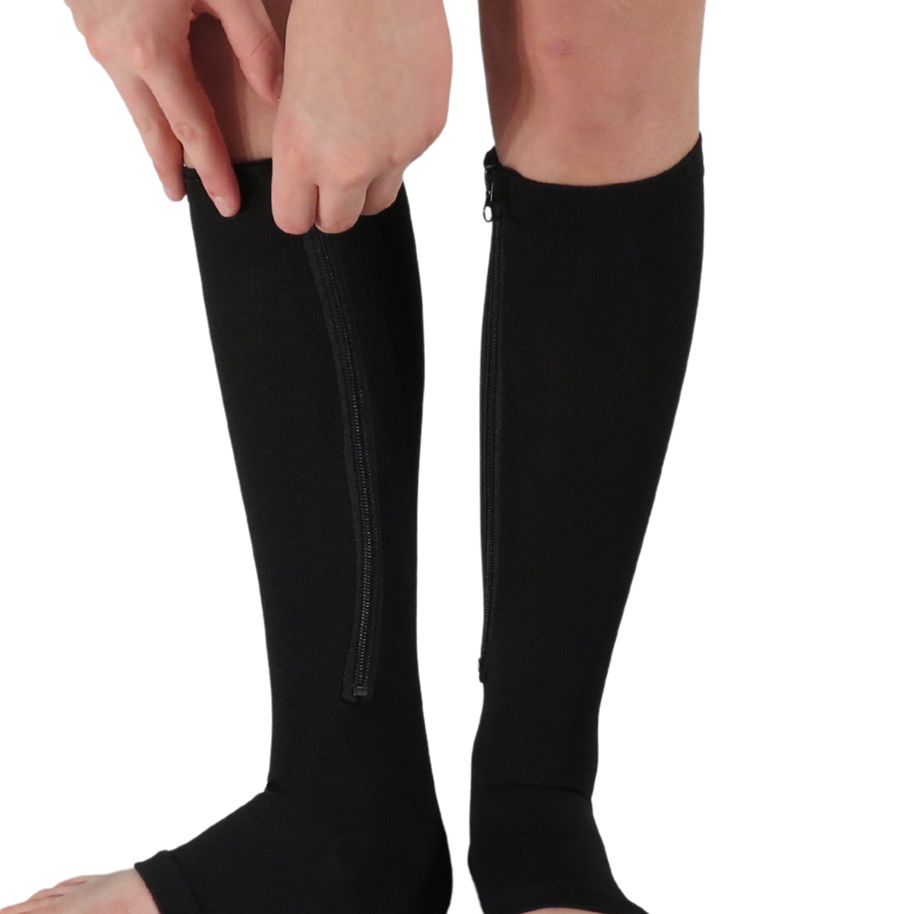 EZ-Zip zipper compression sock shown in black with model showing how to zip up