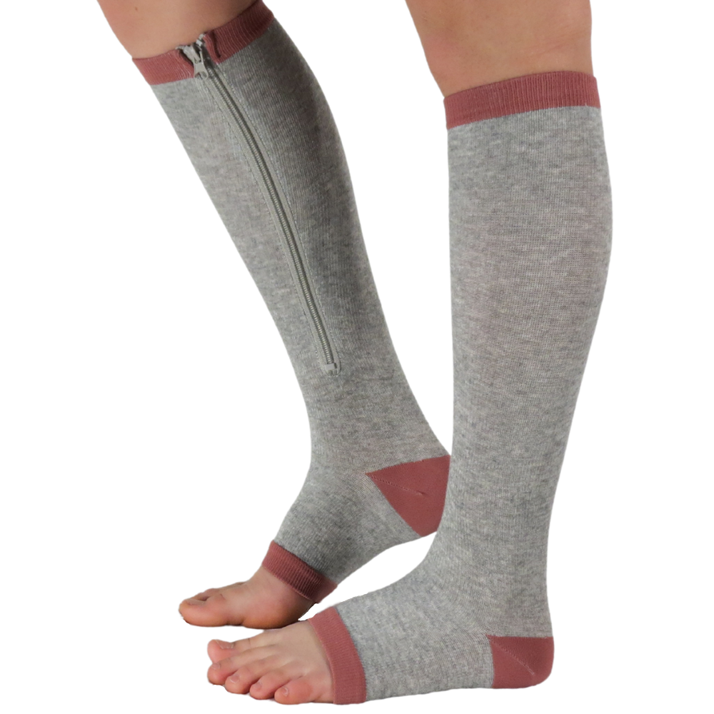 EZ-Zip zipper compression sock shown in gray showing inside zipper