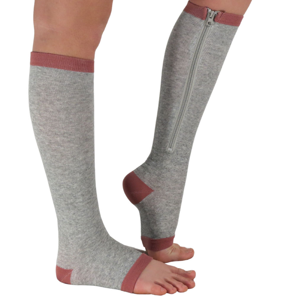 EZ-Zip zipper compression sock shown in gray showing heel