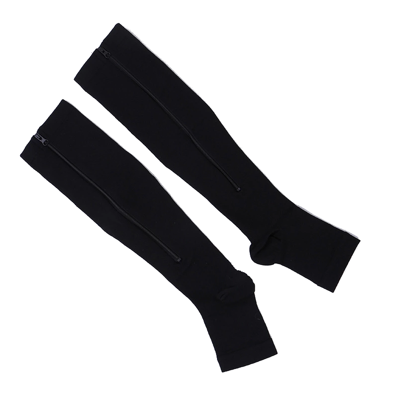 EZ-Zip zipper compression sock shown in black laying flat