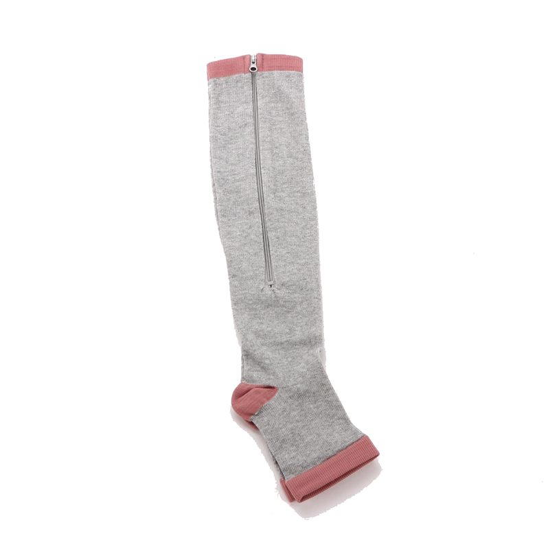 EZ-Zip zipper compression sock shown in gray laying flat