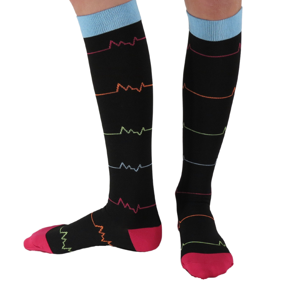 Red and Black EKG knee-high graduated compression socks (Medium 15-20mmHg)