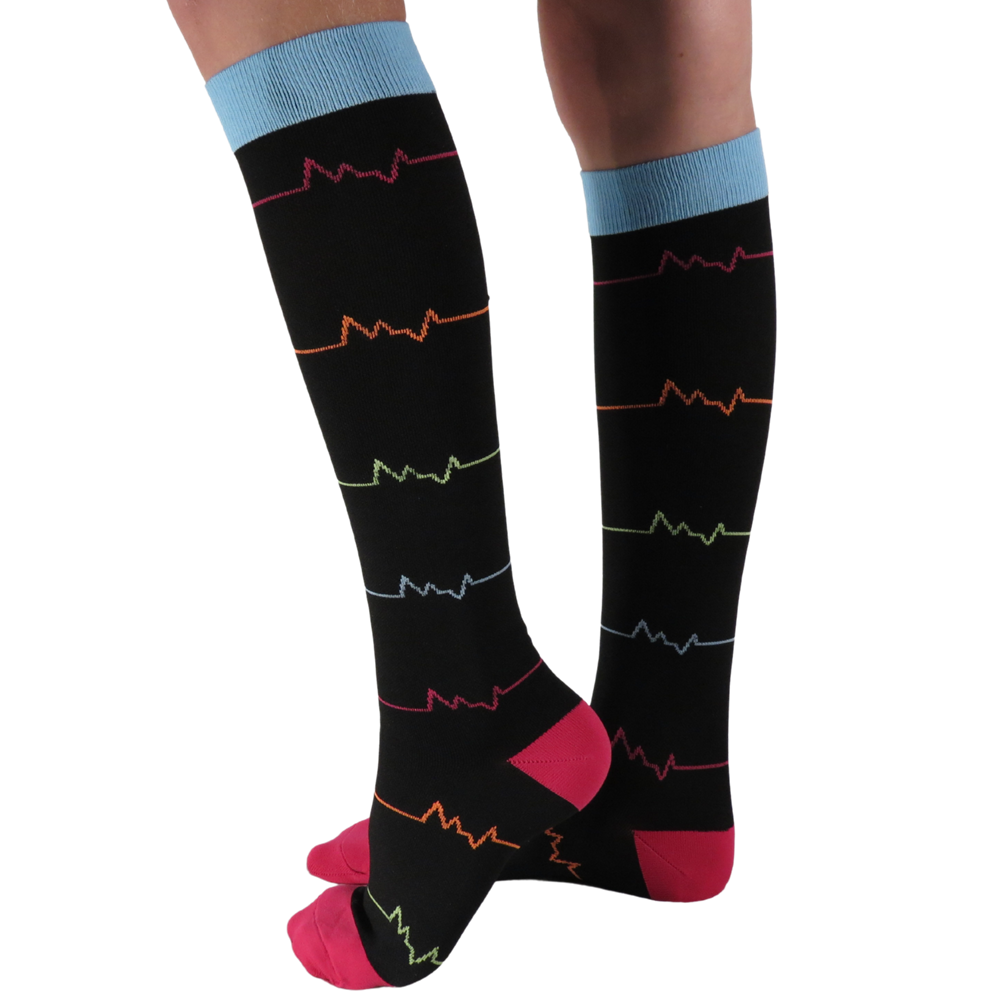 Red and Black EKG knee-high graduated compression socks (Medium 15-20mmHg)