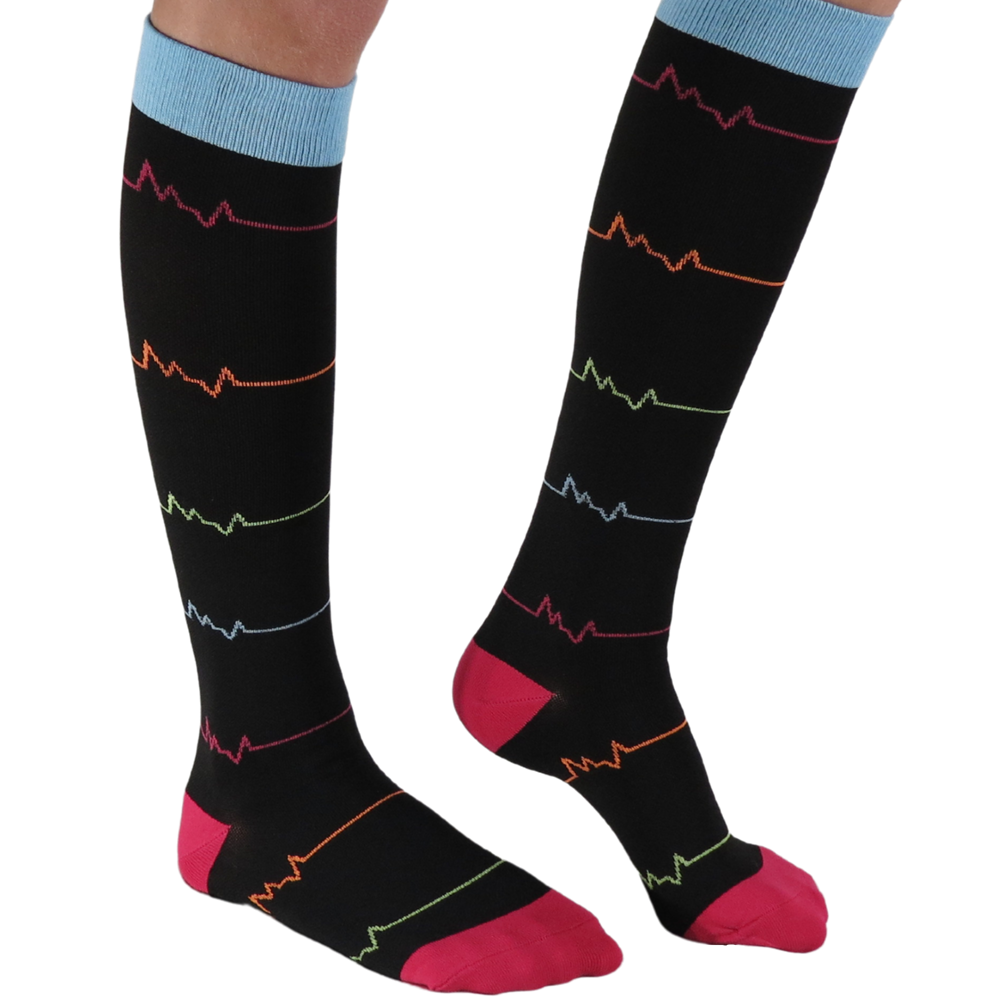 Red and Black EKG knee-high graduated compression socks (Medium 15-20mmHg)