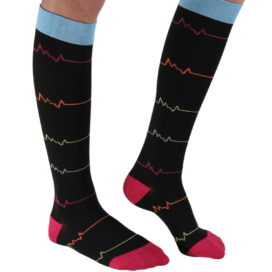 Red and Black EKG knee-high graduated compression socks (Medium 15-20mmHg)