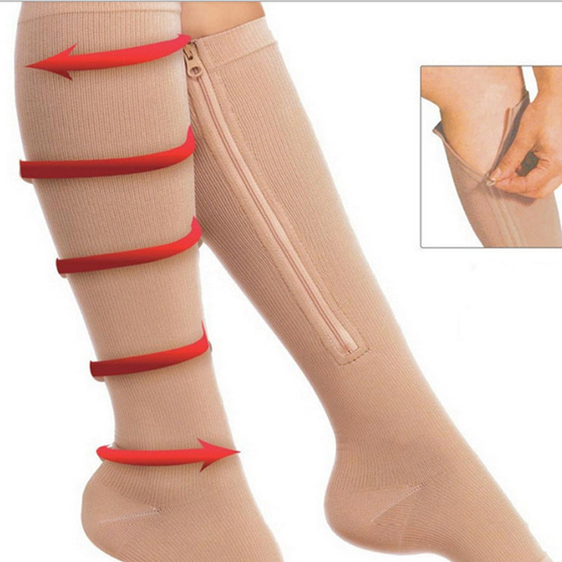 EZ-Zip zipper compression sock shown in beige with inset show zipper motion